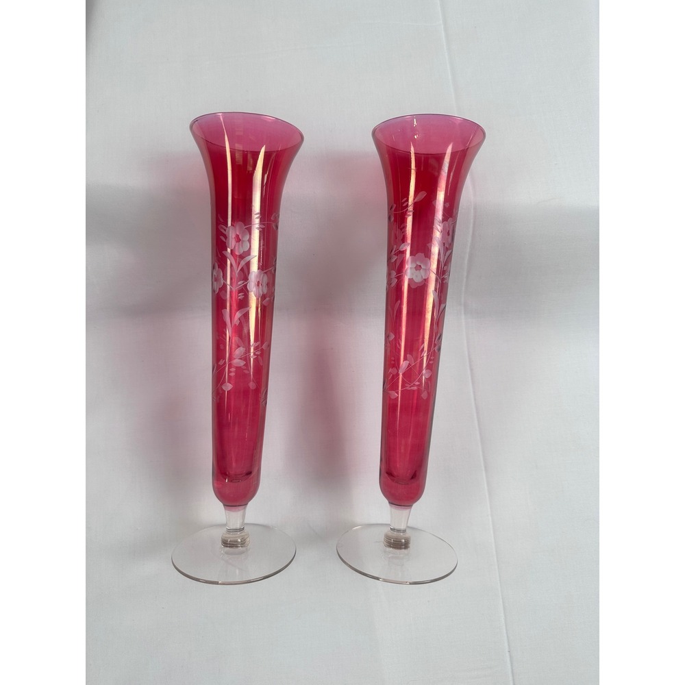 2 Vintage Ruby Red Glass Bud Handblown Vases Etched Floral Design